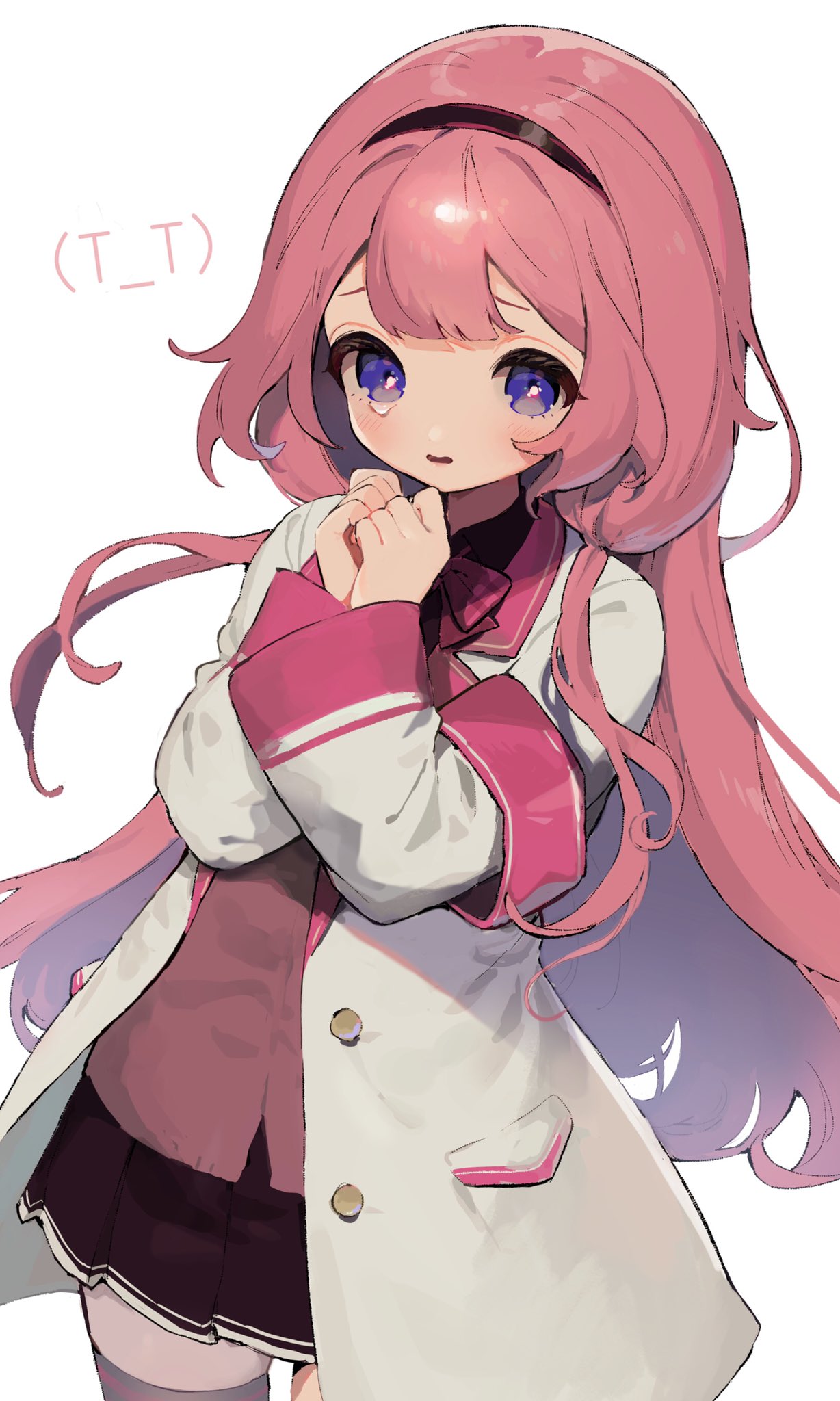 1girl, 2022, bangs, clenched_hand, coat, crying, crying_with_eyes_open, hairband