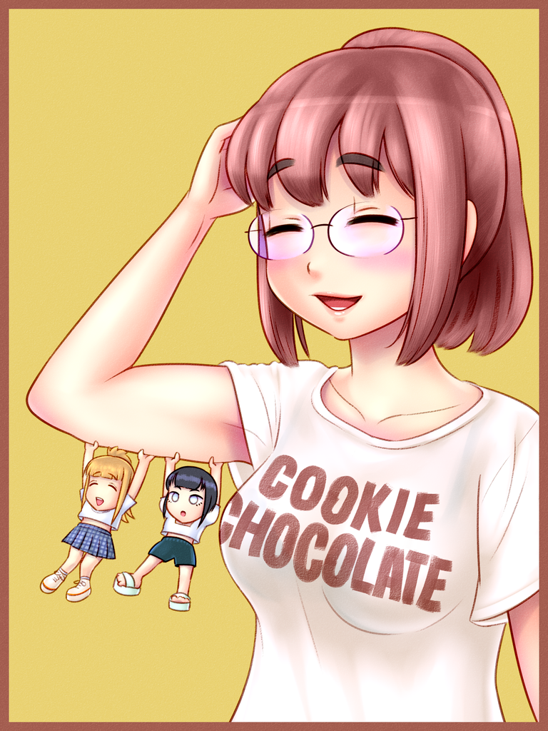 3girls, akim_x, black_hair, blonde_hair, border, breasts, brown_border, brown_hair