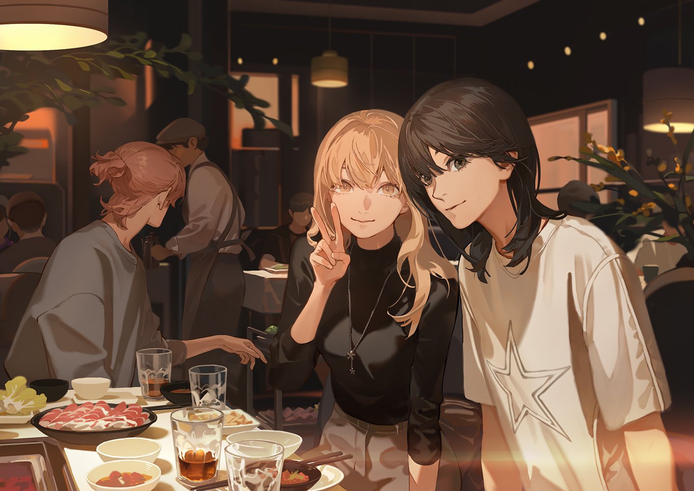 2girls, bangs, black_hair, black_shirt, blonde_hair, blurry, blurry_background, bowl