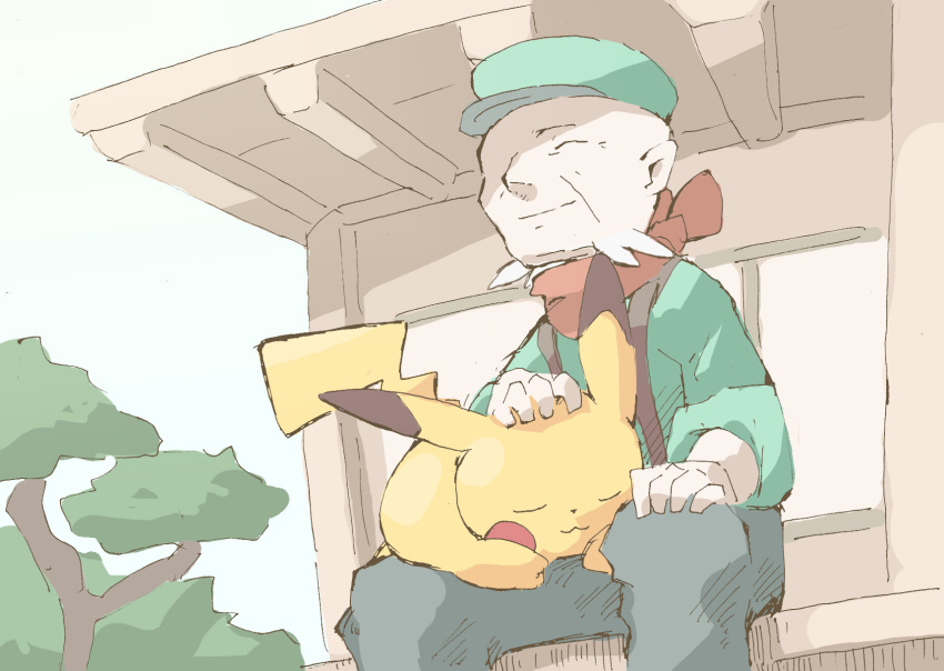 1boy, :3, bald, bandana, beard, blue_sky, blush_stickers, cabbie_hat, closed_eyes, closed_mouth, commentary_request, day, derigoo, dutch_angle, facial_hair, green_headwear, green_shirt, grey_pants, hand_on_another's_head, happy, hat, highres, long_sleeves, male_focus, old, old_man, on_lap, outdoors, pants, partial_commentary, pikachu, pokemon, pokemon_(creature), pokemon_on_lap, ramos_(pokemon), red_bandana, shirt, sitting, sketch, sky, sleeping, smile, suspenders, tree, u_u
