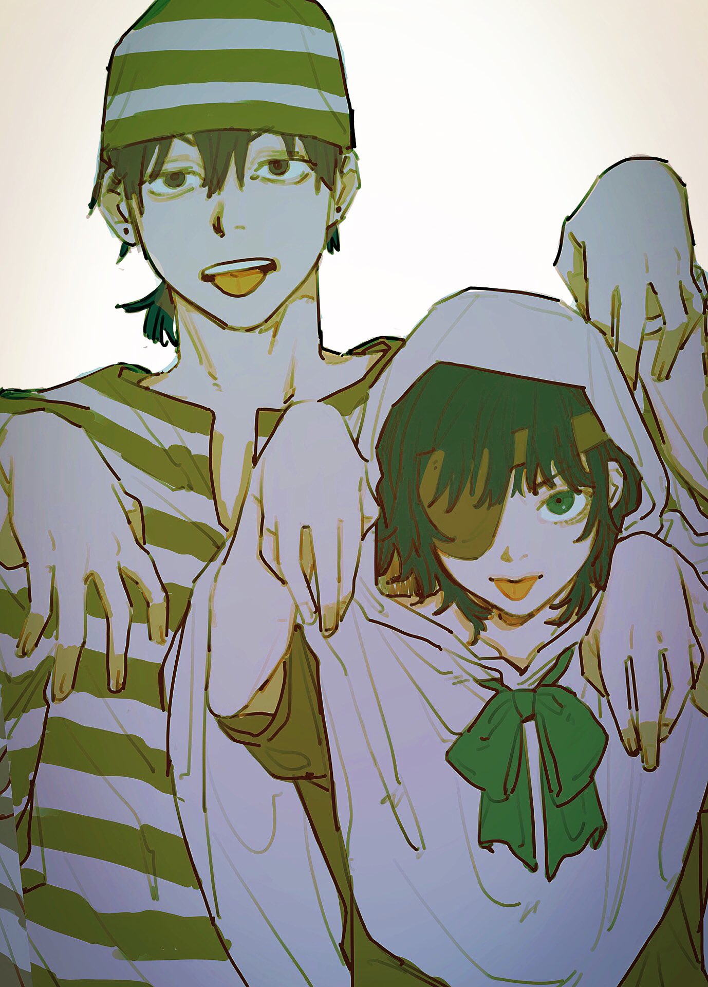 1boy, 1girl, bangs, black_hair, chainsaw_man, eyepatch, grey_background, hair_between_eyes, hayakawa_aki, height_difference, highres, himeno_(chainsaw_man), hood, hoodie, looking_at_viewer, medium_hair, outstretched_arms, pecopecosupipi, prisoner, ribbon, short_hair, simple_background, striped, tongue, tongue_out, v-neck, zombie_pose