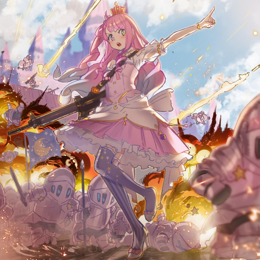 1girl, armor, asymmetrical_legwear, black_thighhighs, blue_sky, bow, clouds, commentary