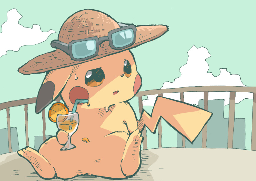 animal_focus, blue-tinted_eyewear, blush_stickers, brown_headwear, clothed_pokemon, clouds, commentary_request, cup
