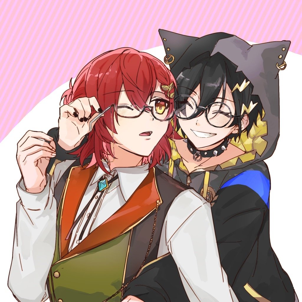 2boys, ^_^, animal_hood, bespectacled, black_collar, black_hair, black_jacket, black_nails, bolo_tie, cat_hood, chinese_commentary, closed_eyes, collar, collared_shirt, eyewear_strap, glasses, green_vest, grin, hair_between_eyes, hair_ornament, hairclip, half_updo, hanasaki_miyabi, hand_up, holostars, hood, hood_up, hooded_jacket, hug, hug_from_behind, jacket, kanade_izuru, kandzue_pengin, lapels, leaf_hair_ornament, lightning_bolt_hair_ornament, lightning_bolt_symbol, long_sleeves, looking_at_another, male_focus, medium_hair, multiple_boys, official_alternate_costume, one_eye_closed, parted_lips, peaked_lapels, pink_background, redhead, removing_eyewear, round_eyewear, shirt, short_hair, smile, spiked_collar, spikes, striped, striped_background, upper_body, vest, virtual_youtuber, white_shirt, yellow_eyes, zipper_pull_tab