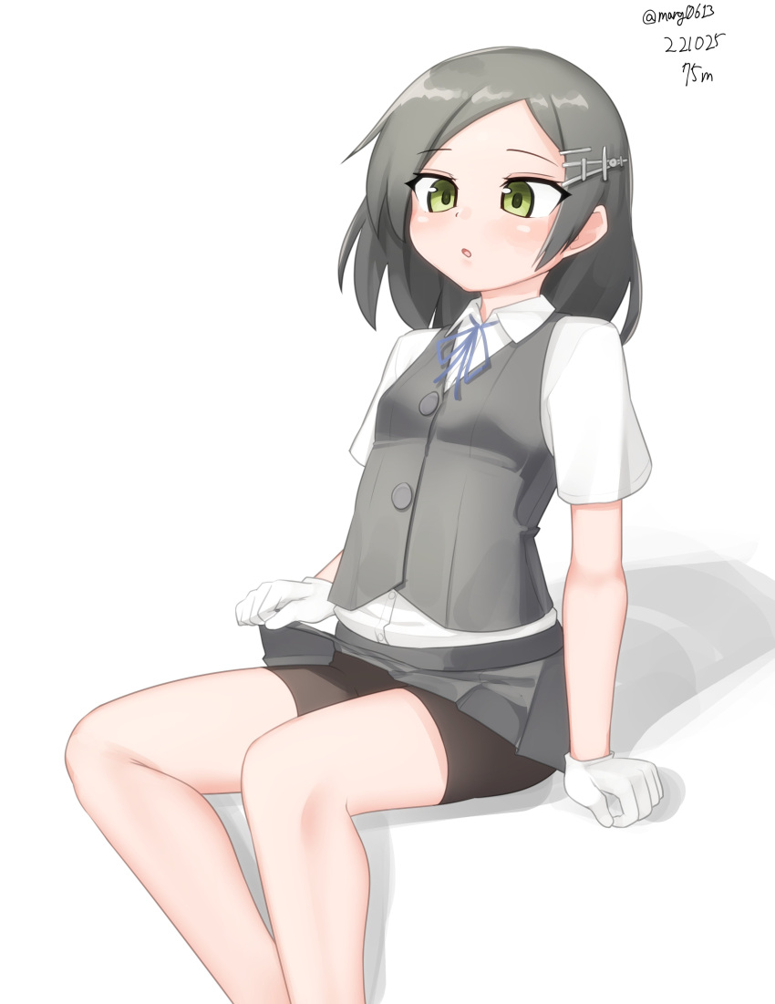 1girl, absurdres, bike_shorts, black_hair, black_ribbon, black_shorts, black_skirt, black_vest