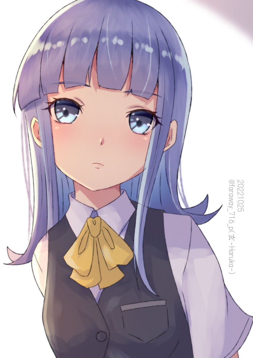 1girl, blue_eyes, blue_hair, bow, bowtie, grey_vest, haruka_faraway716, hatsukaze_(kancolle)