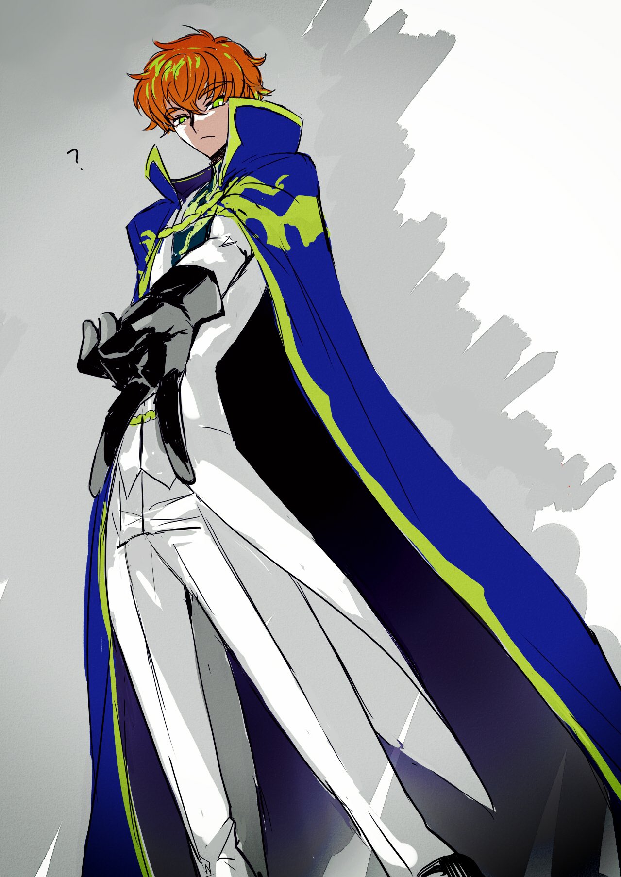 1boy, ?, amatu_trabajo, black_gloves, blue_cape, cape, code_geass, foreshortening