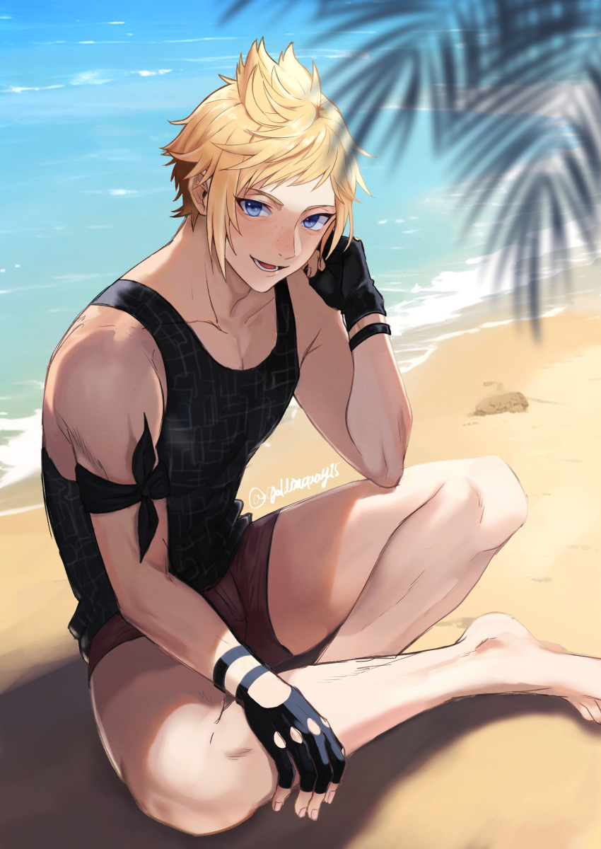 1boy, absurdres, arm_up, bangs, bare_shoulders, barefoot, beach, black_gloves