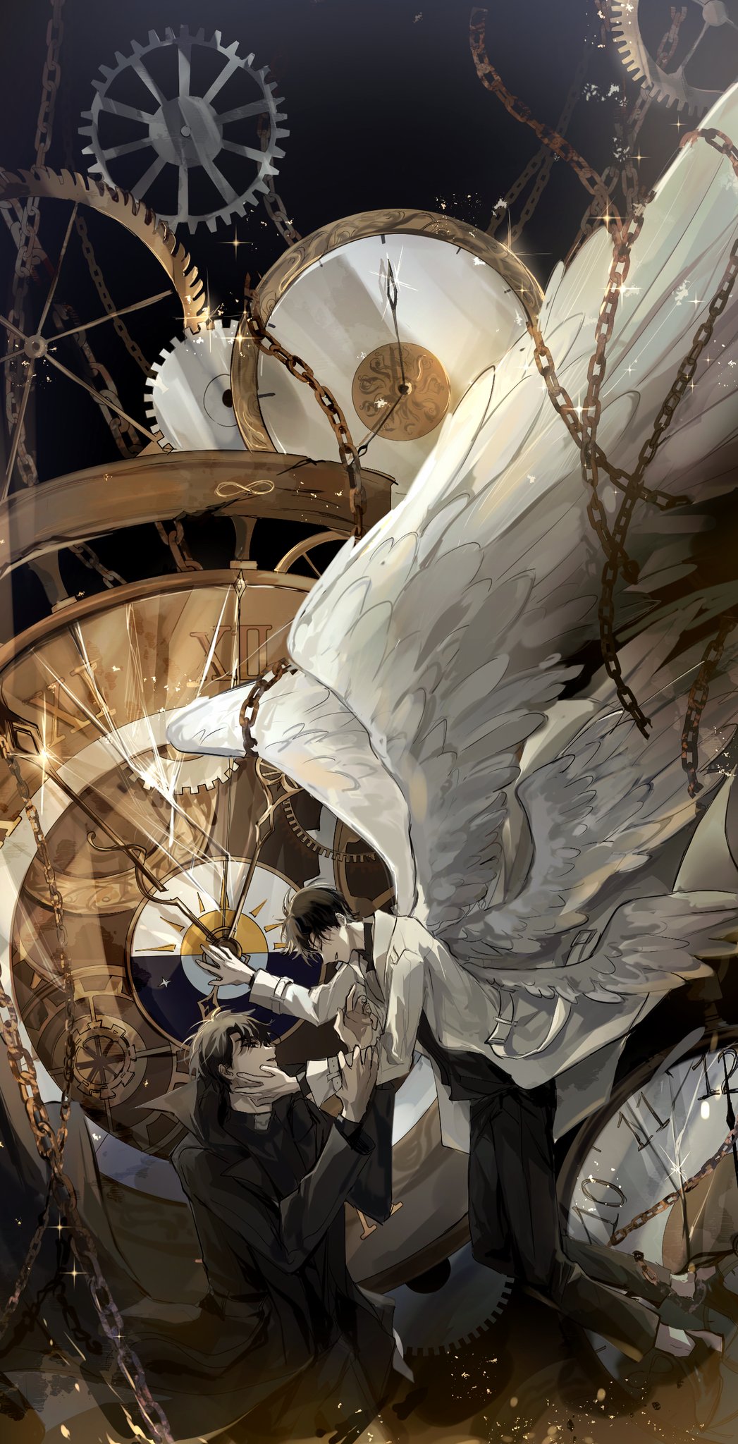 2boys, angel_wings, arm_grab, black_hair, black_jacket, chain, clock, clockwork