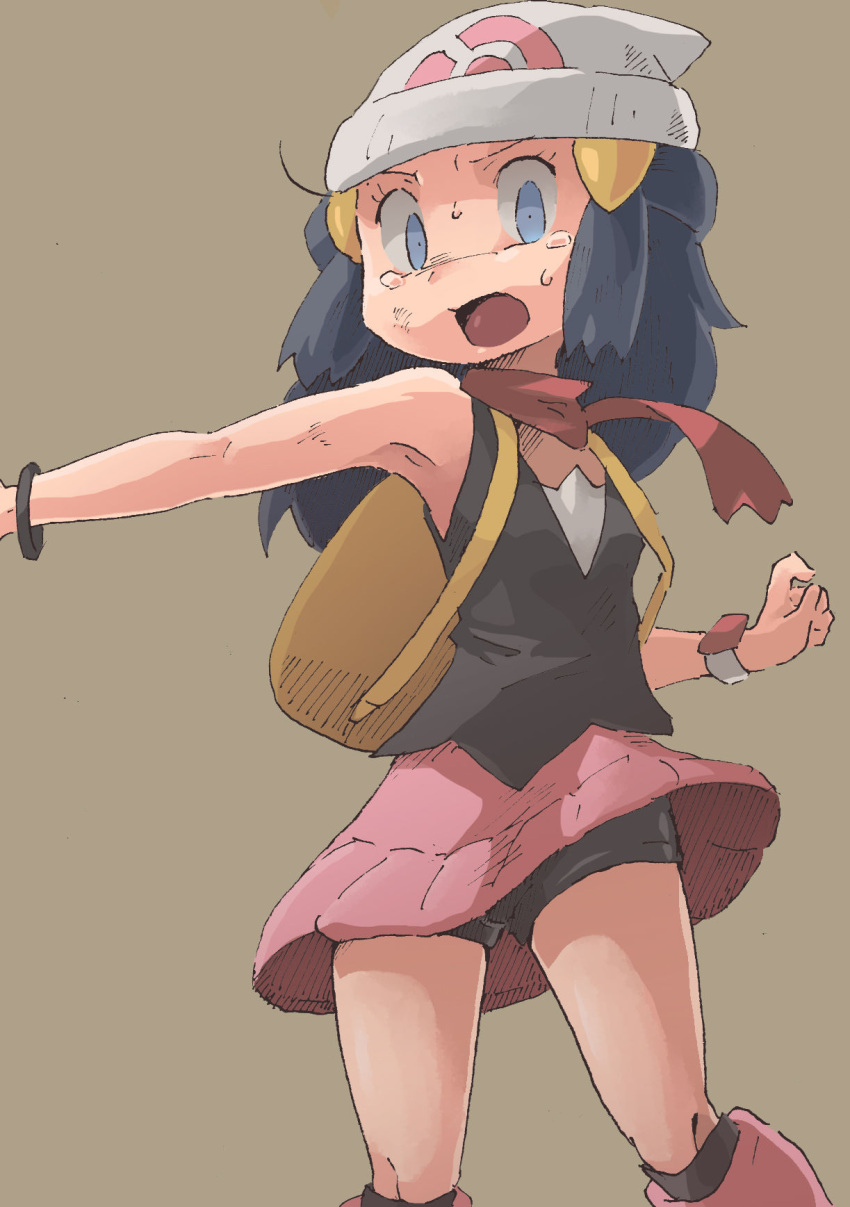 1girl, arm_up, armpits, backpack, bag, bare_shoulders, beanie, bike_shorts, black_shirt, black_socks, blue_eyes, blue_hair, boots, bracelet, breasts, brown_background, clothes_lift, commentary_request, constricted_pupils, gerigoo, hair_ornament, hairclip, hand_up, hat, highres, hikari_(pokemon), jewelry, knee_boots, kneehighs, long_hair, looking_at_viewer, miniskirt, open_mouth, outstretched_arm, partial_commentary, pink_footwear, pink_skirt, poke_ball_symbol, pokemon, pokemon_(game), pokemon_dppt, red_scarf, scarf, shirt, sidelocks, simple_background, skirt, skirt_lift, sleeveless, sleeveless_shirt, small_breasts, socks, solo, standing, sweat, tears, thighs, upskirt, v-shaped_eyebrows, watch, watch, white_headwear, wind, wind_lift