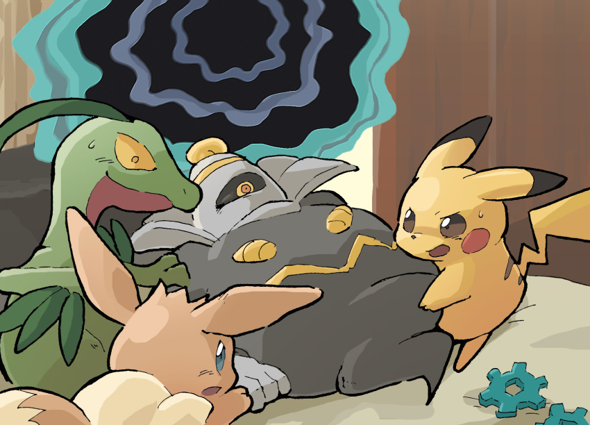 animal_focus, black_sclera, blue_eyes, blush, blush_stickers, brown_eyes, closed_mouth, colored_sclera, commentary_request, constricted_pupils, dusknoir, eevee, fushigi_no_dungeon, gears, gerigoo, grovyle, highres, light_blush, looking_at_another, lying, multicolored_eyes, no_humans, on_back, one-eyed, open_mouth, orange_eyes, pikachu, pokemon, pokemon_(creature), pokemon_(game), pokemon_mystery_dungeon, pushing, red_eyes, sideways_mouth, spoilers, sweat, time_gear, wormhole, yellow_eyes, yellow_sclera