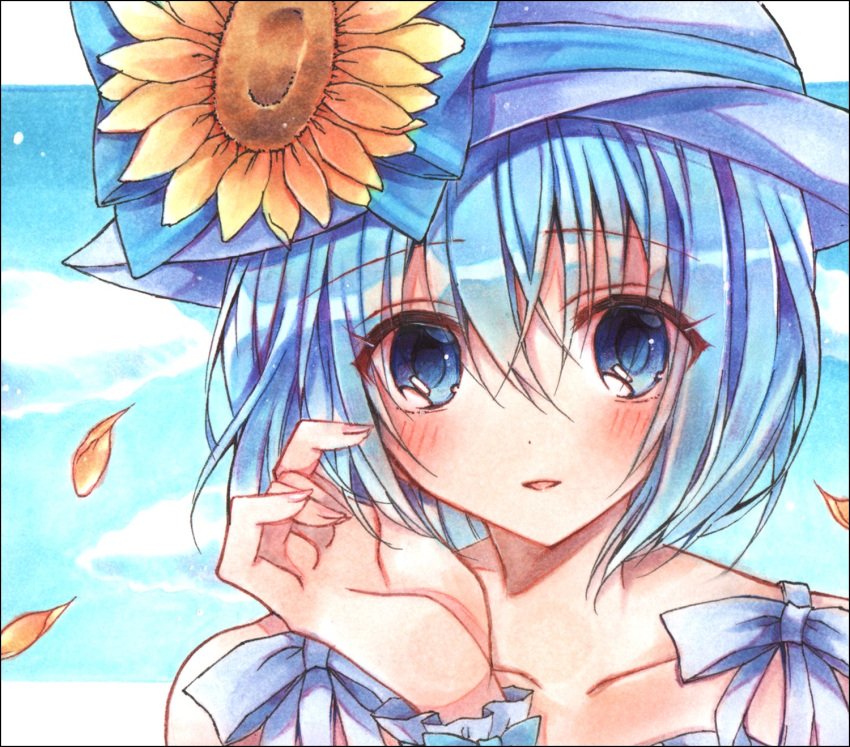 1girl, alternate_costume, blue_bow, blue_eyes, blue_hair, blue_sky, bluestar_iz, blush