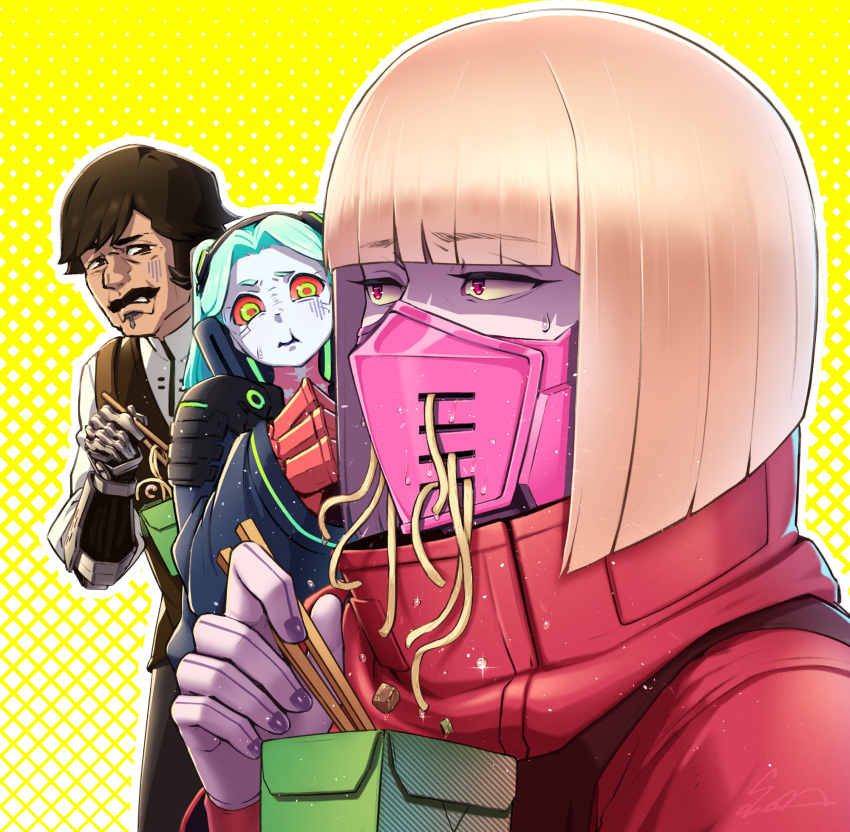 1boy, 2girls, artificial_eye, blonde_hair, bob_cut, brown_hair, chopsticks, colored_sclera