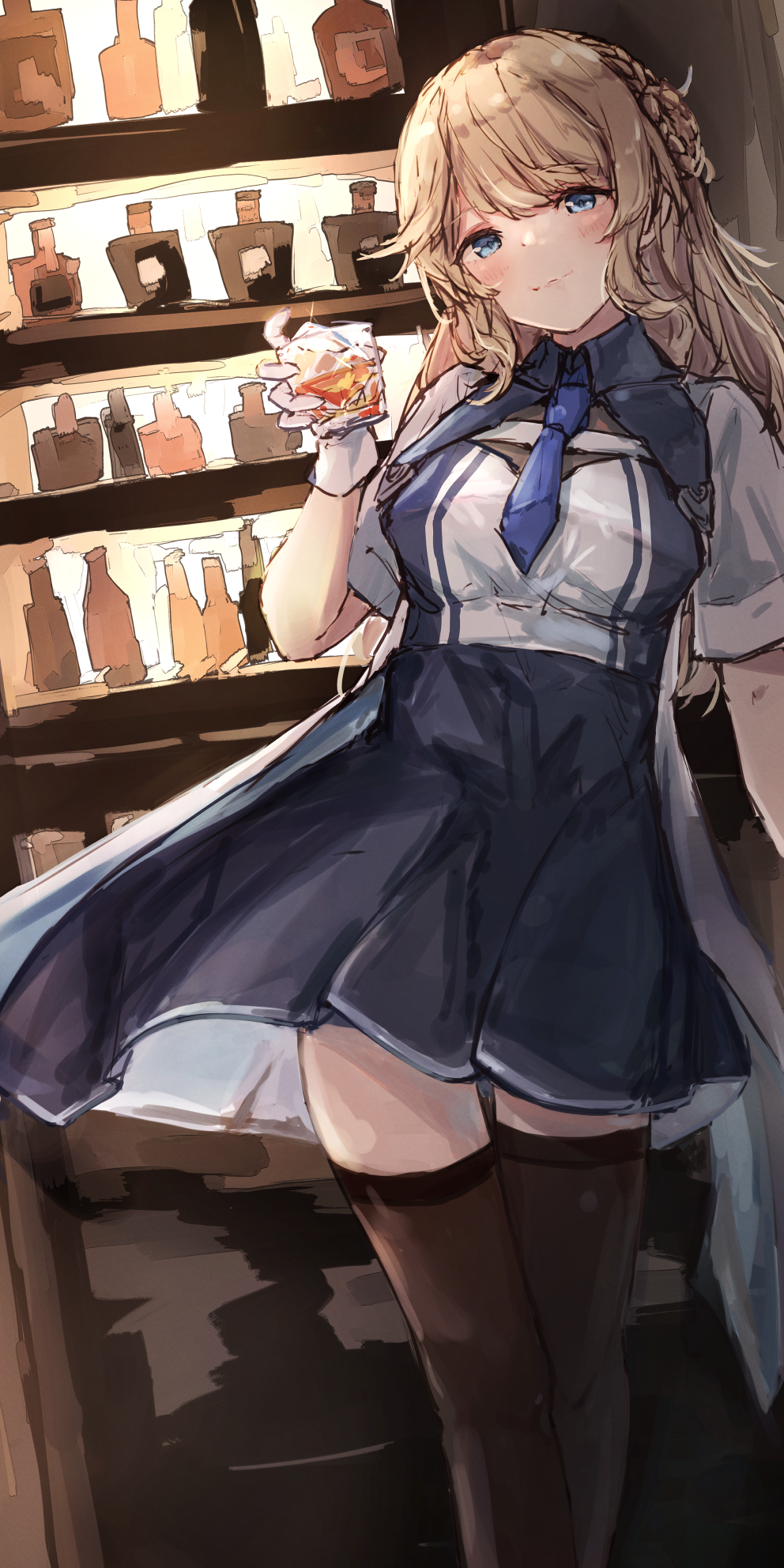 1girl, alcohol, aruka, bar_(place), black_thighhighs, blue_eyes, blue_necktie, braid