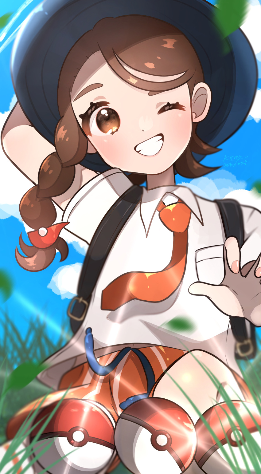 1girl, :d, absurdres, arm_up, backpack, bag, bangs, blue_headwear, braid, brown_hair, clouds, collared_shirt, day, grass, highres, juliana_(pokemon), kurumiya_(krmy_p), looking_at_viewer, nail_polish, necktie, one_eye_closed, orange_necktie, orange_shorts, outdoors, poke_ball, pokemon, pokemon_(game), pokemon_sv, school_uniform, shirt, short_sleeves, shorts, side_braid, sky, smile, solo, striped, striped_shorts, swept_bangs, teeth, thick_eyebrows, uva_academy_uniform, vertical-striped_shorts, vertical_stripes, white_shirt