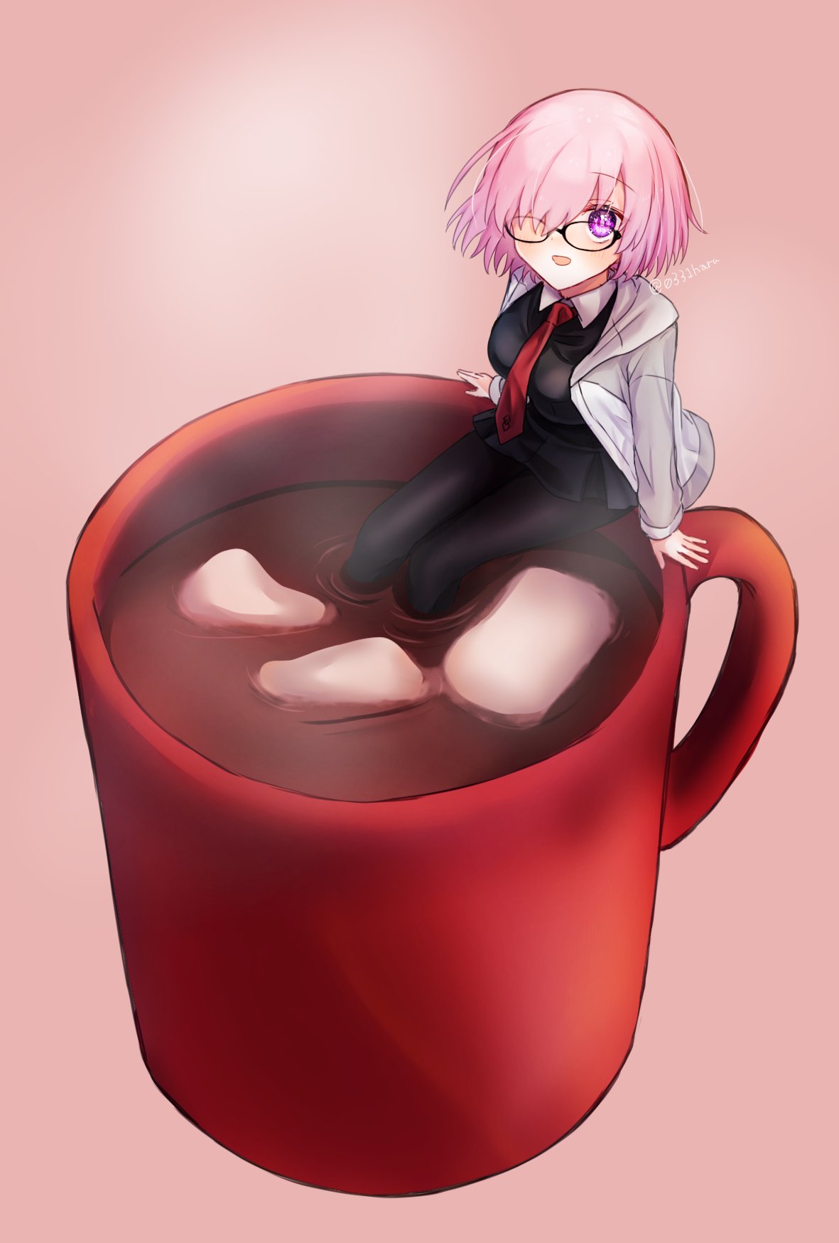 1girl, black_dress, coffee_mug, collar, cup, dress, drink, fate/grand_order