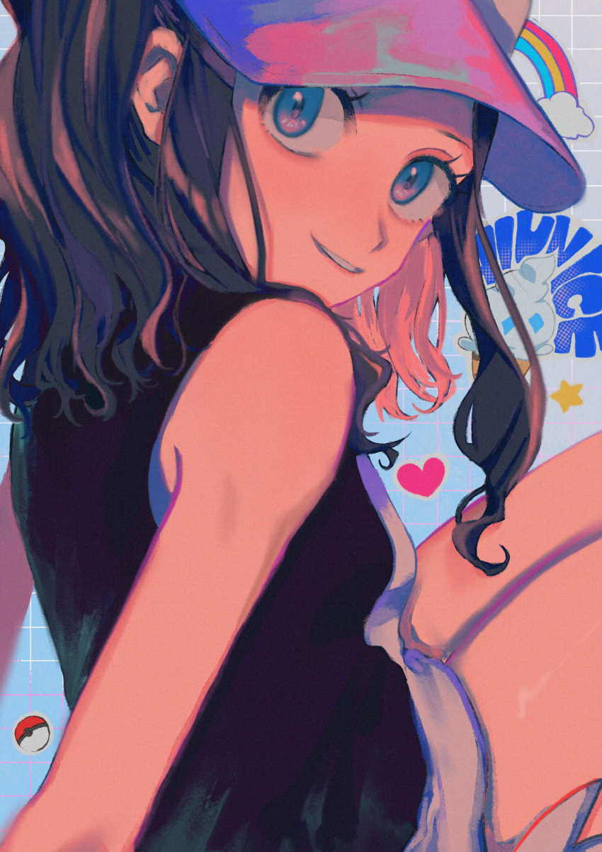 absurdres, baseball_cap, black_vest, brown_hair, casteliacone, curly_hair, cutoffs, exposed_pocket, food, from_behind, hat, heart, high_ponytail, highres, hilda_(pokemon), ice_cream, karin_(nasi0402), long_hair, looking_at_viewer, looking_back, poke_ball, pokemon, pokemon_(game), pokemon_bw, rainbow, shirt, short_shorts, shorts, sidelocks, sleeveless, sleeveless_shirt, smile, star_(symbol), tank_top, teeth, vest, white_shirt
