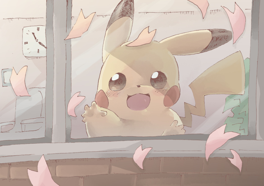 :3, against_glass, animal_focus, blush, blush_stickers, brown_eyes, cherry_blossoms, clock, commentary_request, gerigoo, hand_up, happy, highres, indoors, looking_at_viewer, no_humans, open_mouth, petals, pokemon, pokemon_(creature), sketch, smile, spring_(season), straight-on, window