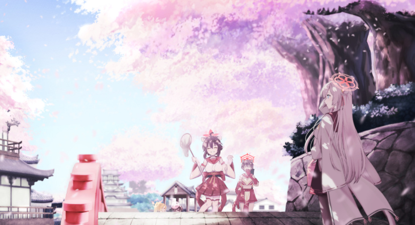 5girls, ahoge, animal_ears, architecture, black_hair, black_pantyhose, blonde_hair, blue_archive