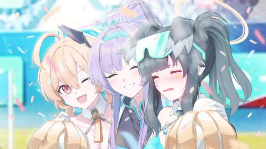 3girls, ;d, ahoge, animal_ears, black_hair, blonde_hair, bloom, blue_archive