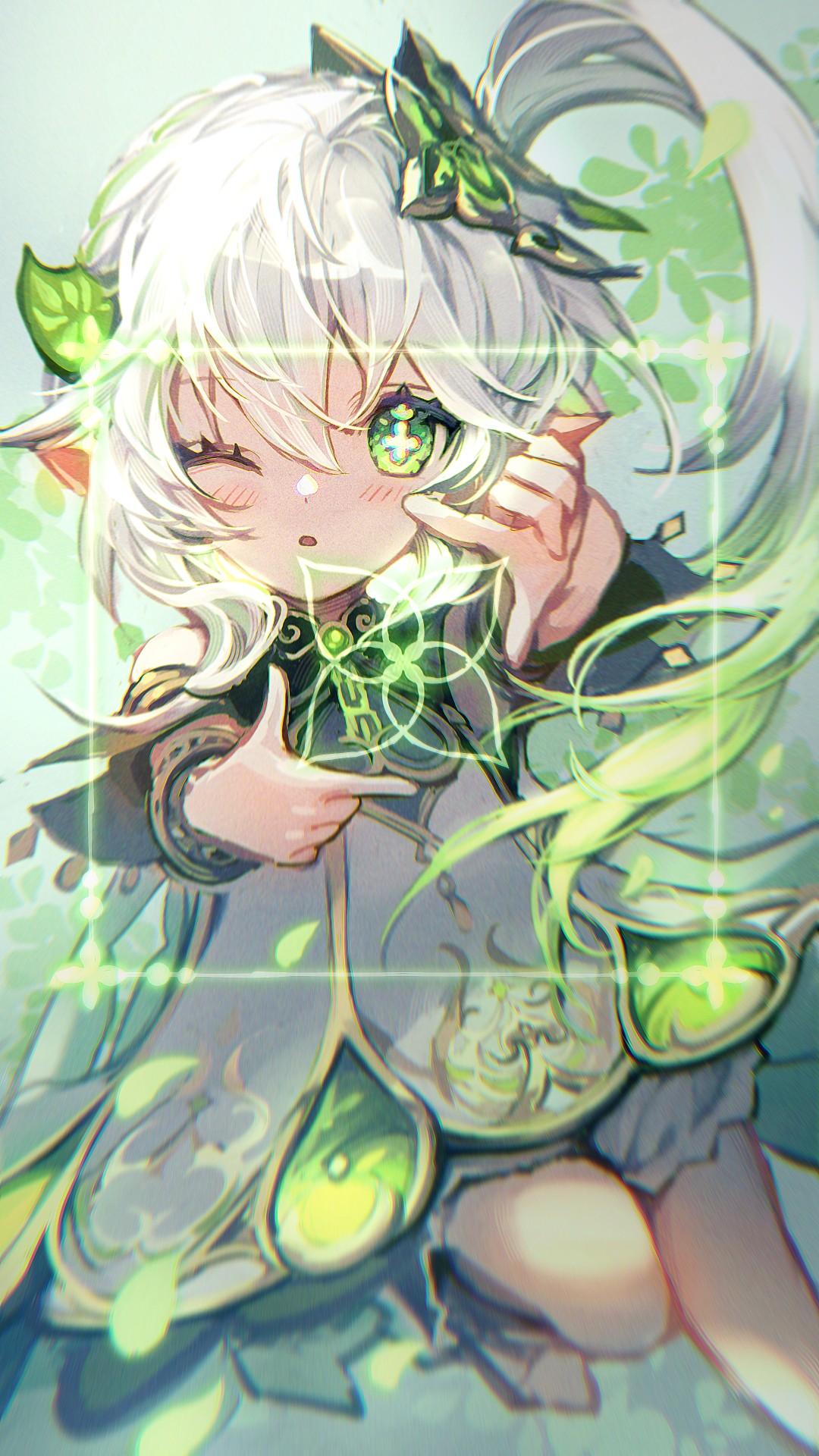 1girl, ;o, clover-shaped_pupils, dress, finger_frame, genshin_impact, gradient_hair, green_eyes, green_hair, hair_ornament, highres, leaf_hair_ornament, long_hair, looking_at_viewer, multicolored_hair, nahida_(genshin_impact), nemumi_no_sora, one_eye_closed, pointy_ears, side_ponytail, solo, white_dress, white_hair
