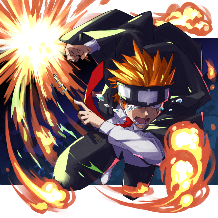 1boy, black_pants, crying, crying_with_eyes_open, daut_barret, explosion, full_body, headband