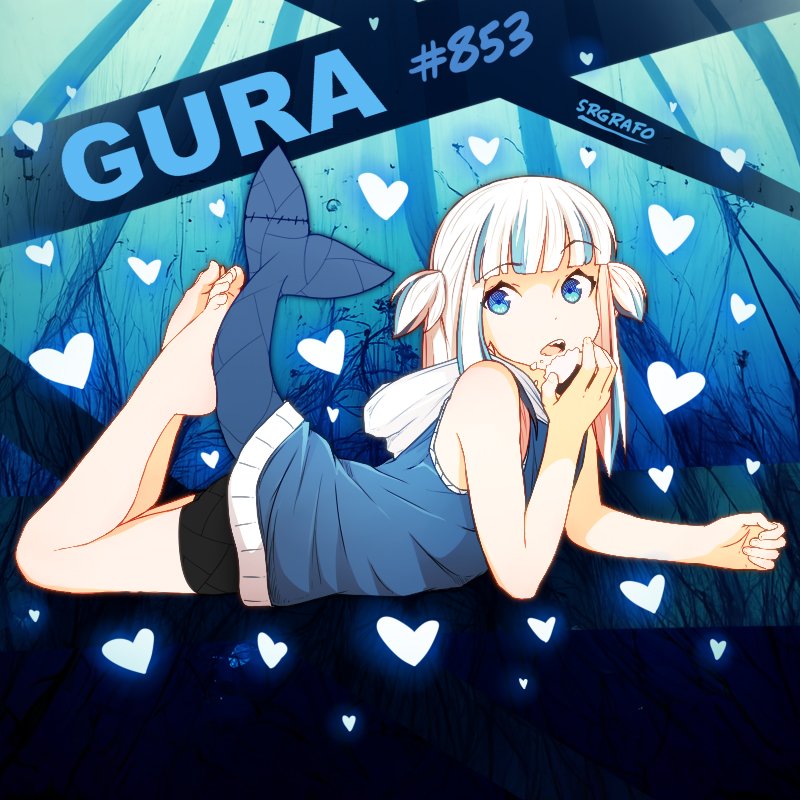 1girl, barefoot, bike_shorts, blue_eyes, blue_shirt, fish_tail, gawr_gura, hololive