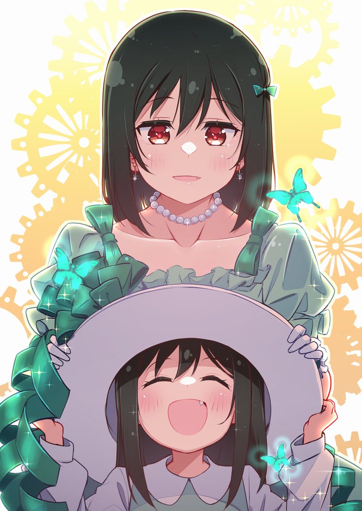 1girl, :d, ^_^, aged_down, bangs, black_hair, blush, bob_cut