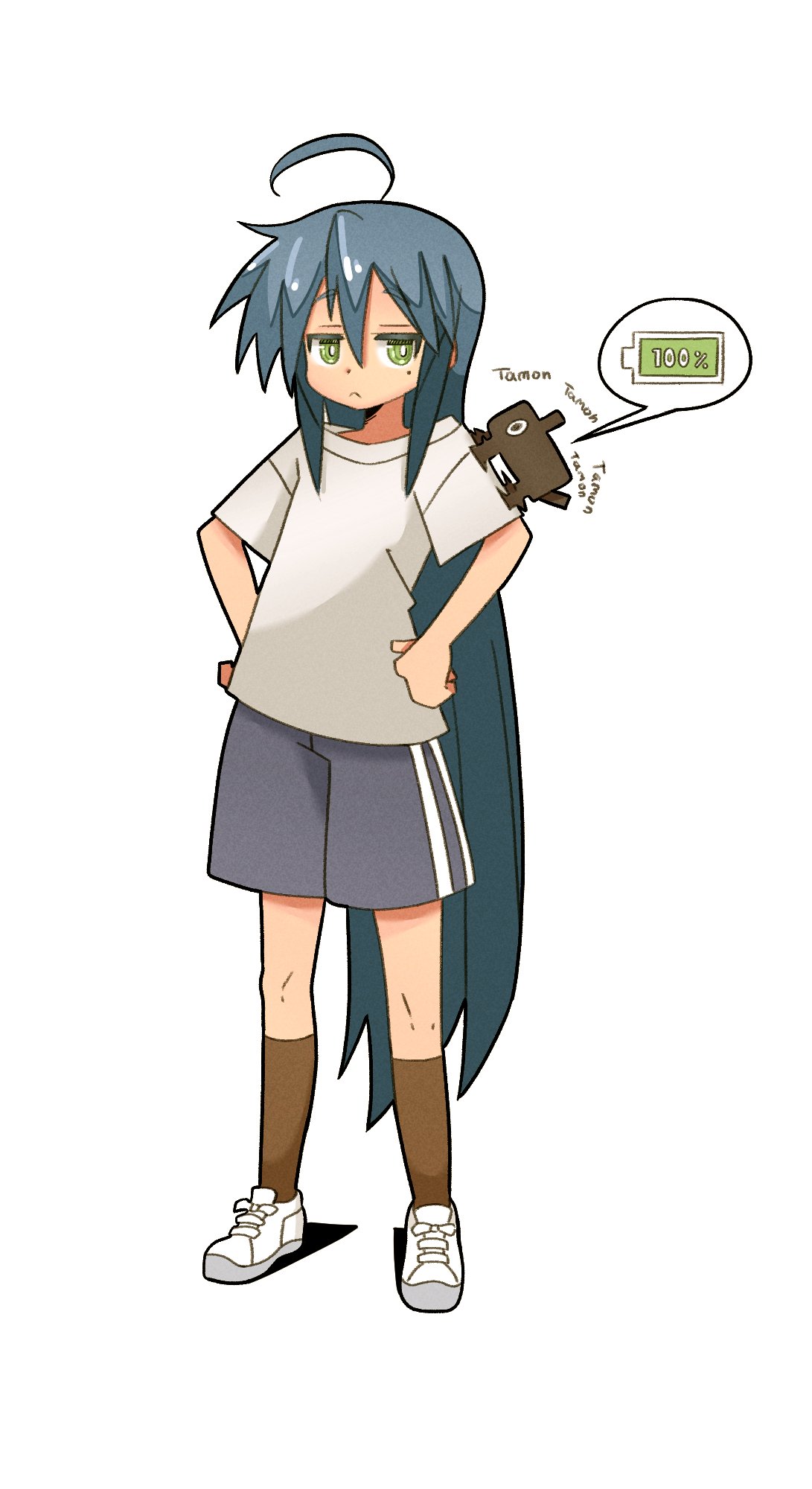 1girl, ahoge, bangs, blue_hair, blue_shorts, bright_pupils, brown_socks, closed_mouth