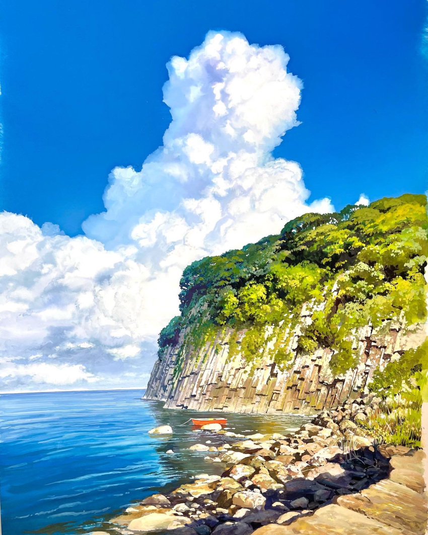 blue_sky, boat, cliff, clouds, cloudy_sky, commentary_request, day, fukui_prefecture, highres, horizon, landscape, mixed-language_commentary, no_humans, original, outdoors, real_world_location, rock, scenery, shore, sky, traditional_media, water, watercraft, yohichi_n