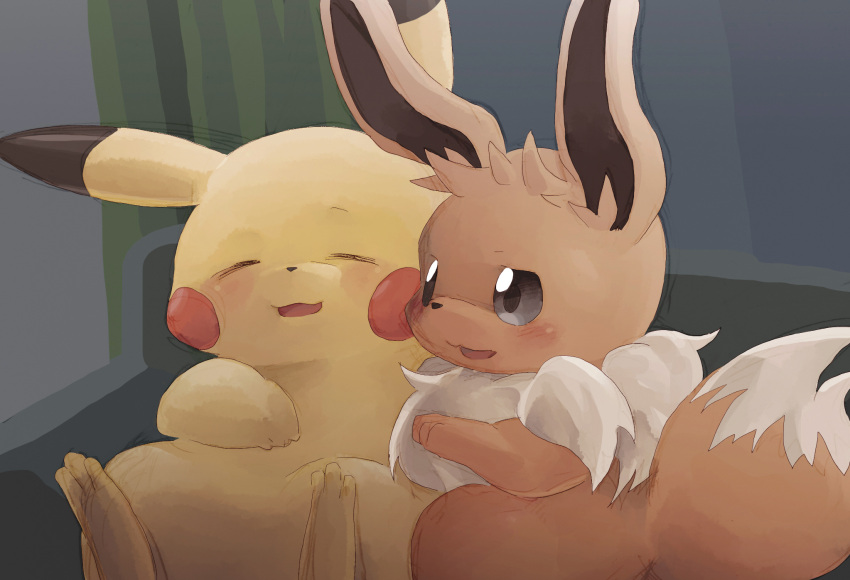 :3, =_=, animal_focus, blush, blush_stickers, closed_eyes, commentary_request, couch, curtains, eevee, fluffy, fur_collar, gaba_ana_daddy, gerigoo, grey_eyes, happy, highres, indoors, looking_at_another, meme, no_humans, on_couch, open_mouth, pikachu, pokemon, pokemon_(creature), sitting, sketch, smile