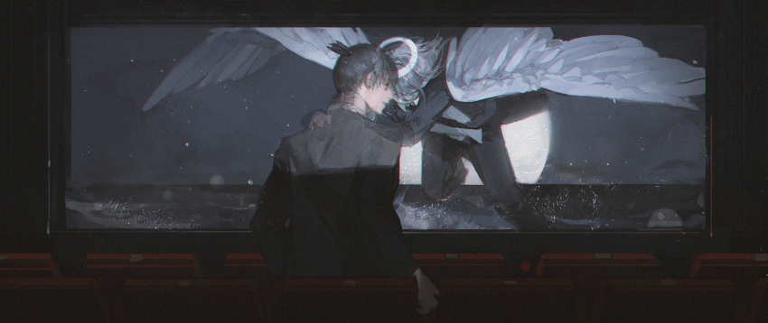 2boys, angel, angel_devil_(chainsaw_man), angel_wings, bangs, black_hair, black_suit, chainsaw_man, collared_shirt, ear_piercing, eucharist_(susukinoo), feathered_wings, flying, formal, halo, hayakawa_aki, highres, hug, long_hair, moon, movie_theater, multiple_boys, piercing, shirt, short_hair, suit, topknot, white_shirt, white_wings, wings