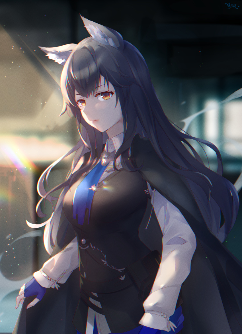 1girl, absurdres, animal_ears, arknights, black_cape, black_hair, black_vest, blue_gloves