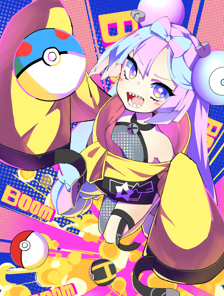 1girl, bow-shaped_hair, character_hair_ornament, hair_ornament, hexagon_print, highres, iono_(pokemon), jacket, long_hair, low-tied_long_hair, noagen, oversized_clothes, pokemon, pokemon_(game), pokemon_sv, sharp_teeth, shirt, single_leg_pantyhose, sleeveless, sleeveless_shirt, sleeves_past_fingers, sleeves_past_wrists, solo, star_(symbol), star_in_eye, symbol_in_eye, teeth, twintails, very_long_sleeves, x, yellow_jacket