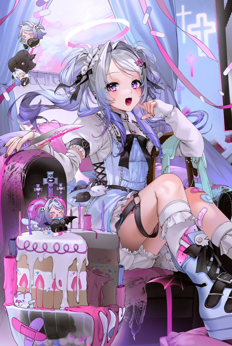1girl, :d, bandaid, bangs, black_nails, blood, blood_on_weapon, blue_footwear