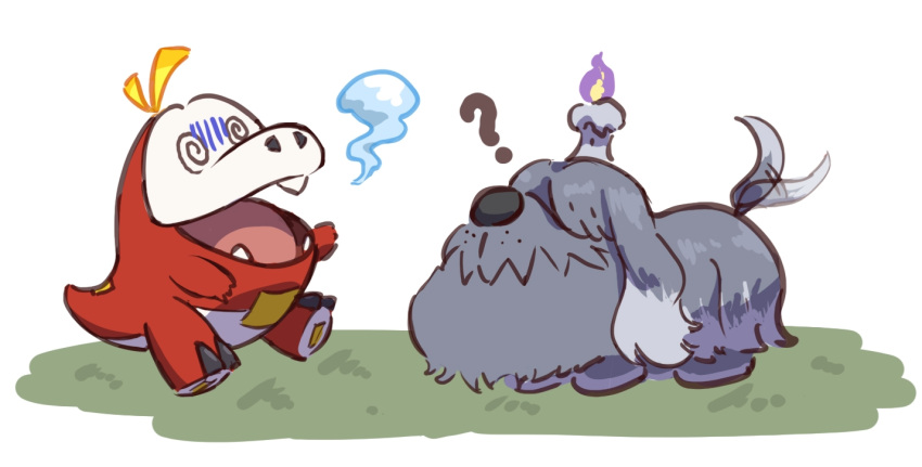 ?, @_@, afterimage, commentary_request, fire, flame, from_side, fuecoco