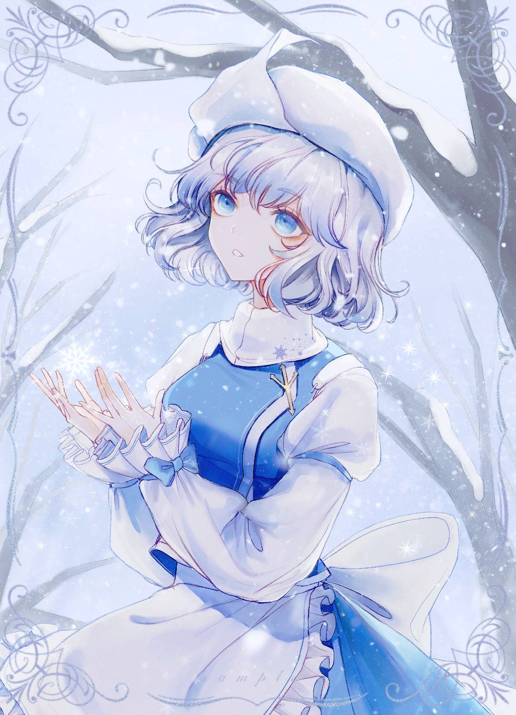1girl, apron, arm_strap, back_bow, bangs, bare_tree, blue_bow, blue_eyes