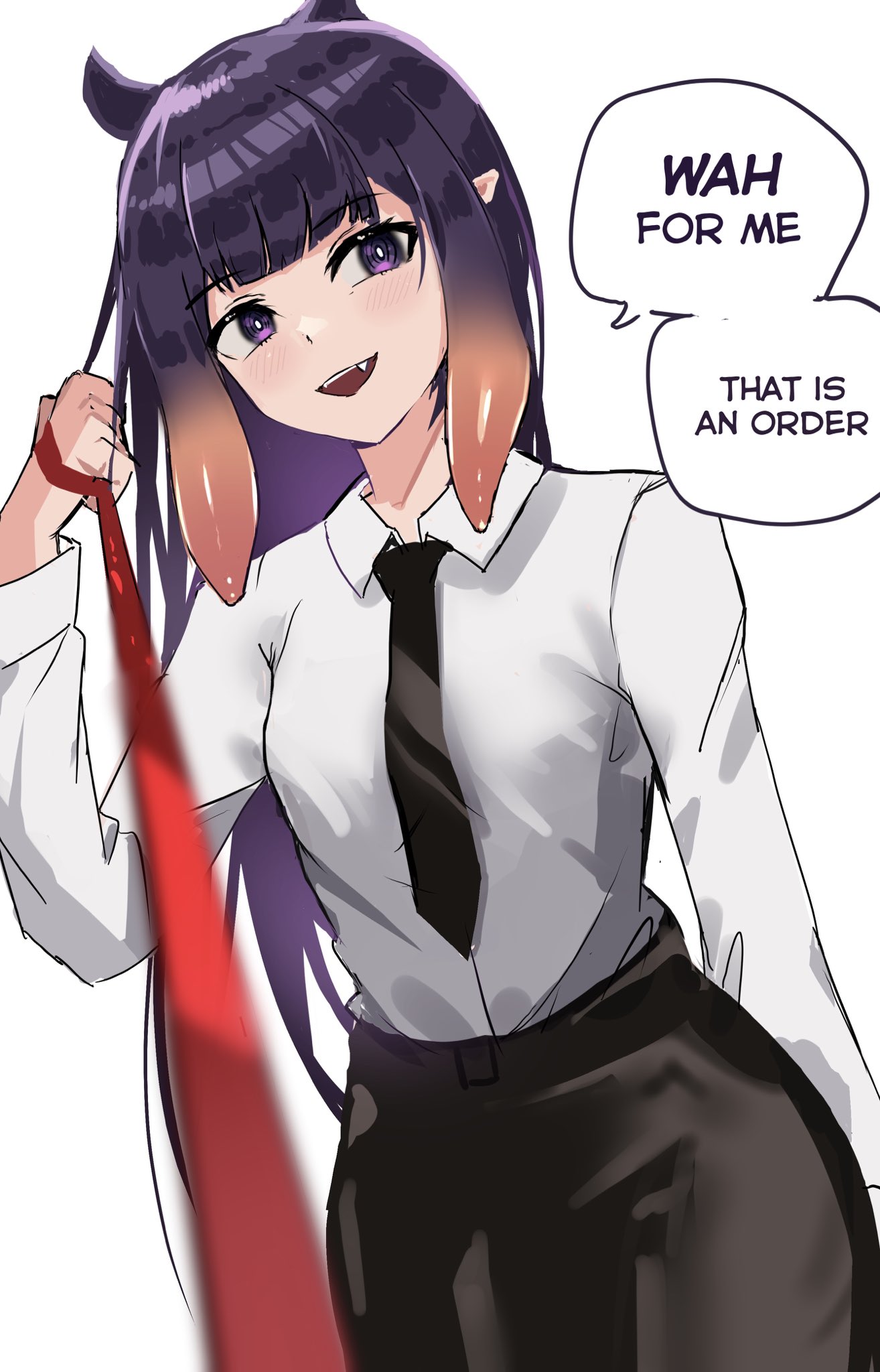 1girl, bangs, chainsaw_man, collared_shirt, cosplay, english_text, highres, hololive