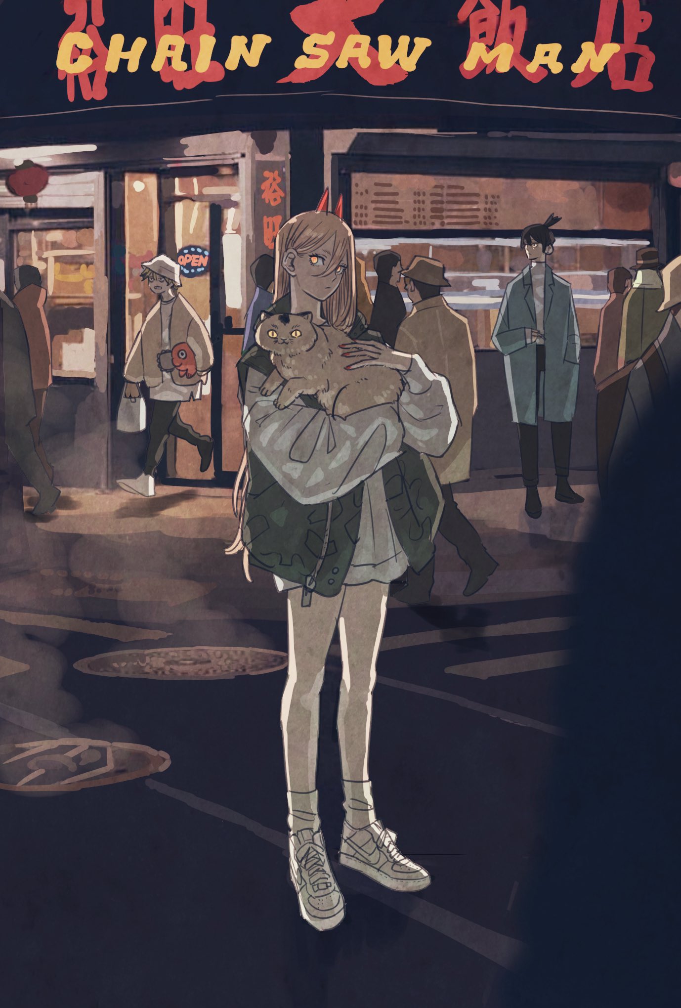alternate_costume, blonde_hair, casual, cat, chainsaw_man, copyright_name, crosswalk, demon_horns