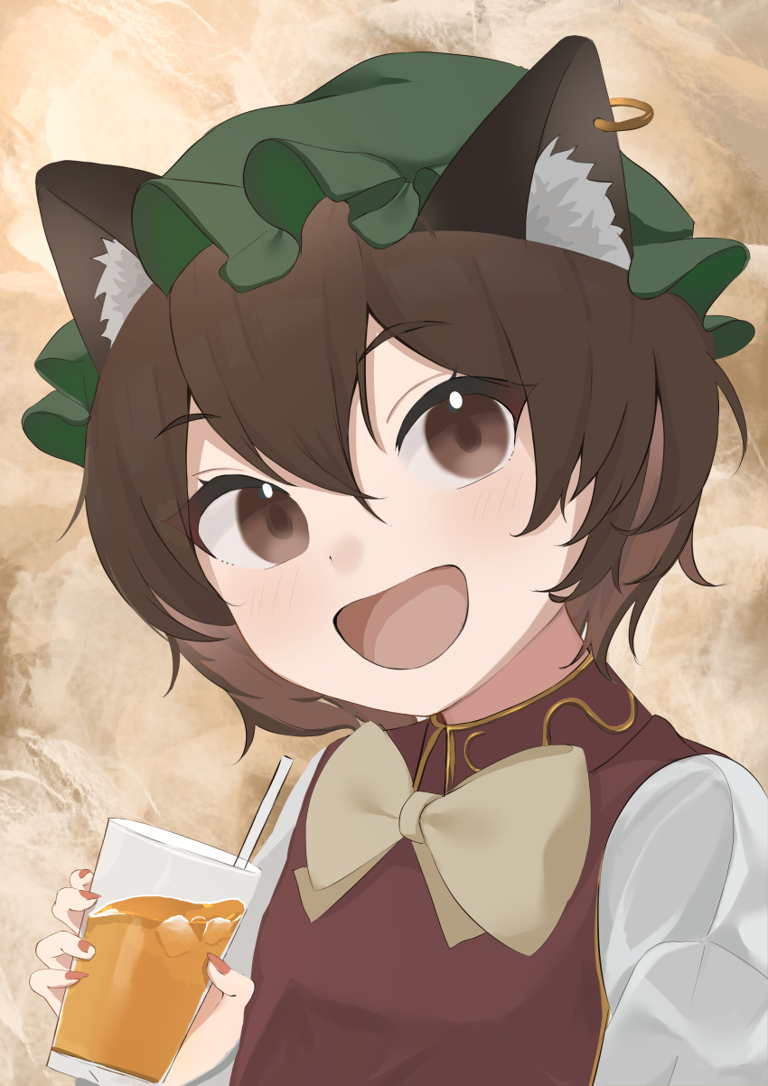 1girl, :d, absurdres, animal_ear_fluff, animal_ears, bow, bowtie, brown_hair, cat_ears, chen, cup, drink, drinking_straw, earrings, green_headwear, happy, hat, highres, holding, holding_cup, jewelry, juice, mob_cap, mug, nail_polish, open_mouth, palulap, red_nails, smile, solo, touhou, upper_body