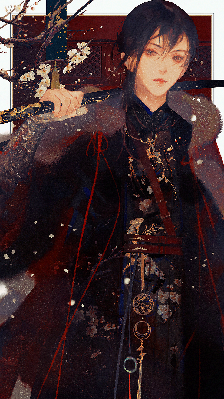 1girl, belt, black_hair, blue_eyes, chinese_clothes, chinese_commentary, cloak, closed_mouth