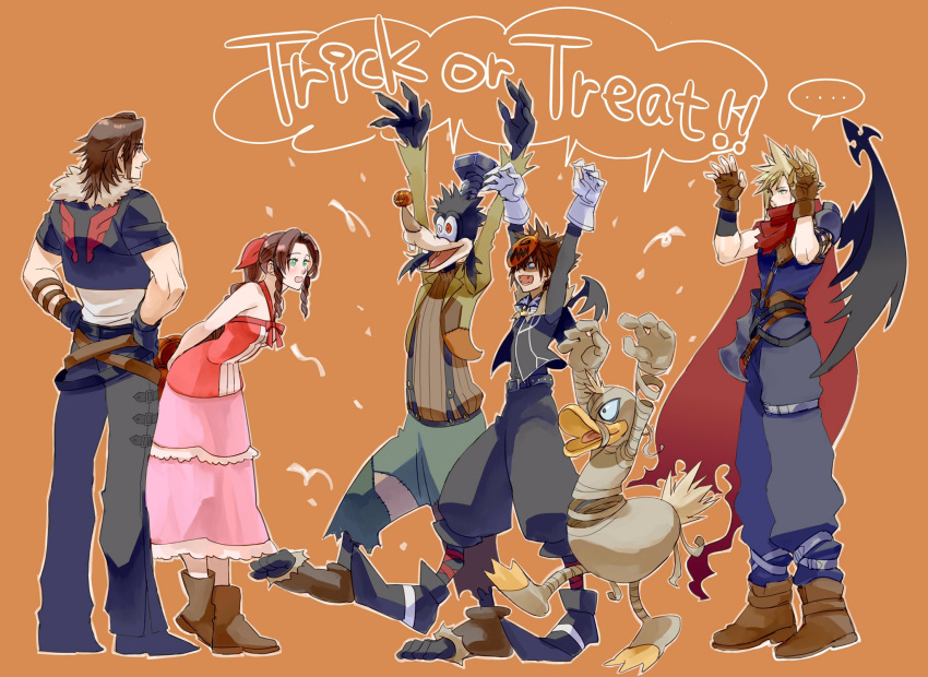 ..., 1girl, 5boys, aerith_gainsborough, armor, arms_up, baggy_pants, bangs