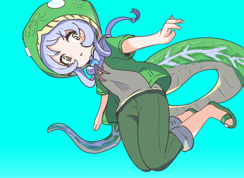 1girl, absurdres, blush, capri_pants, emerald_tree_boa_(kemono_friends), green_footwear, green_hood, green_jacket