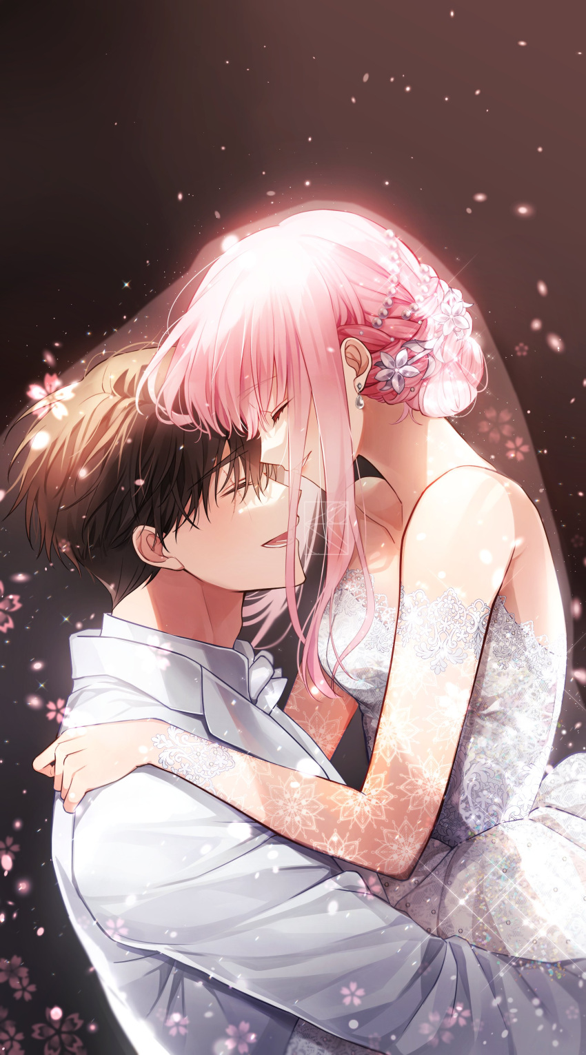 1boy, 1girl, 1yeol_eum, absurdres, bare_shoulders, beads, braid, breasts, bridal_veil, brown_background, brown_hair, closed_eyes, couple, dress, earrings, floral_print, flower, formal, from_side, hair_beads, hair_flower, hair_ornament, hands_on_another's_shoulder, happy, hetero, highres, hug, jewelry, long_hair, medium_breasts, open_mouth, original, pink_hair, scar, scar_across_eye, scar_on_face, short_hair, smile, spotlight, suit, tuxedo, upper_body, veil, wedding_dress, white_suit