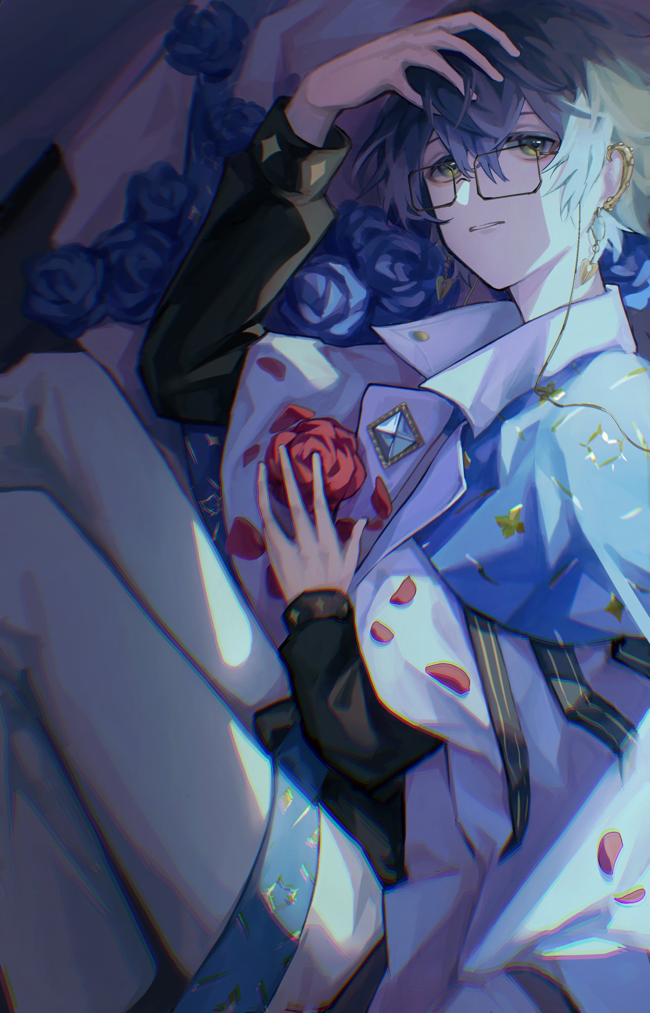 1boy, aluhzora, bangs, blue_flower, blue_hair, blue_rose, closed_mouth, commentary