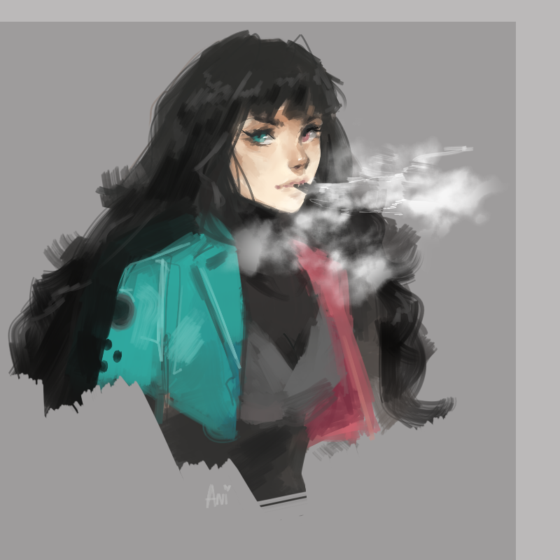 artist_request, black_bodysuit, bodysuit, bodysuit_under_clothes, electronic_cigarette, heterochromia, hime_cut, jacket, letterman_jacket, long_hair, looking_at_viewer, messy_hair, planetofjunk, smoking, switch-tan, upper_body