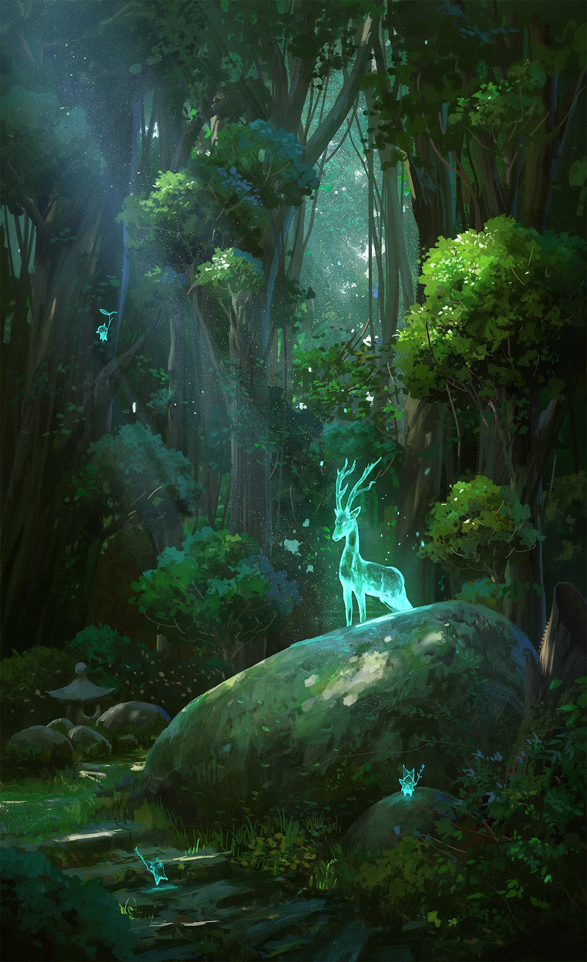 antlers, bush, cyclecircle, dappled_sunlight, deer, english_commentary, fantasy, floating