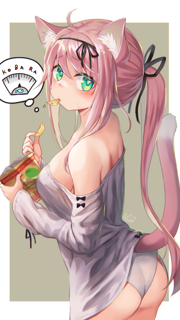 1girl, ahoge, animal_ears, artist_name, ass, bangs, bare_shoulders, black_ribbon