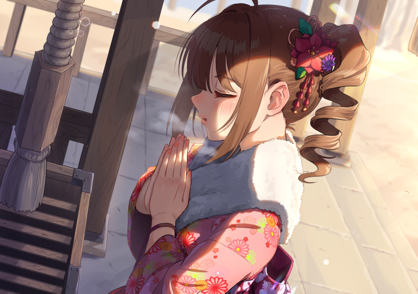 1girl, ahoge, bangs, bracelet, breath, brown_hair, closed_eyes, day