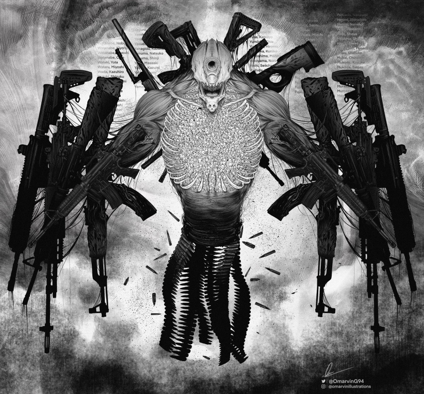 agni_(fire_punch), ammunition_belt, bullet, chainsaw_man, exposed_muscle, fire_punch, greyscale, gun
